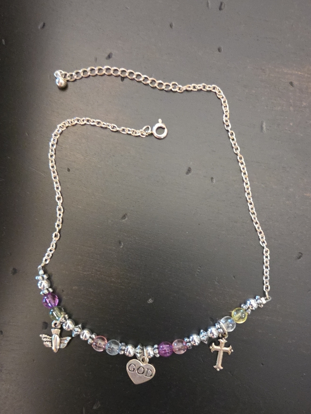 Silver & Pink Christian Charm Necklace with Beads